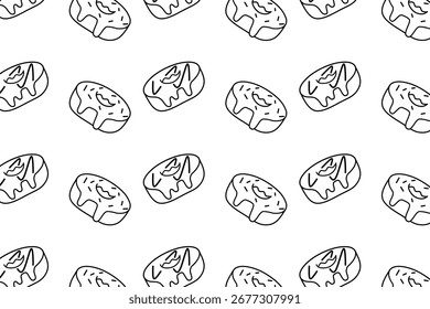 Patrón de contorno de dona sin costuras en blanco y negro. Diseño de arte de línea de dona dibujado a mano simple, perfecto para colorear páginas, Fondos de pantalla, textiles, empaques y lindos fondos de postres.