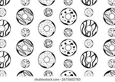Nahtloses Donut-Muster in schwarz-weißem Doodle-Stil. Nettes handgezeichnetes Design, perfekt für Kinder, Bäckereimarken, Verpackungspapier und Stoffdrucke.