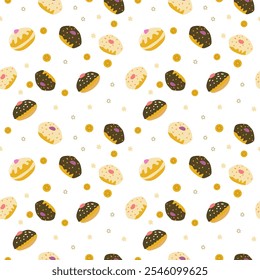 Seamless donut pattern with chocolate, vanilla, and sprinkles on white background.