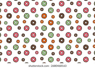 Seamless donut pattern with colorful icing in pink, green, orange, and chocolate. Fun and playful dessert background design perfect for kids’ projects, packaging, textiles, wallpapers
