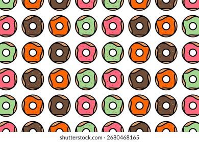 Patrón de rosquilla sin costuras con glaseado colorido en rosa, verde, naranja y chocolate. Diseño divertido y juguetón del fondo del postre perfecto para los proyectos de los niños, empaquetado, materias textiles, Fondos de pantalla
