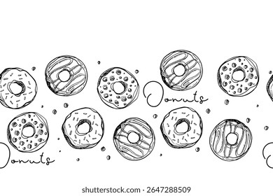 Seamless Donut pattern. Donuts icing sketch, black white background. Dessert donut with frosting, donut icon. Freehand drawn Tasty food element line art style for cafe, menu, cookbook. Sweet dessert.