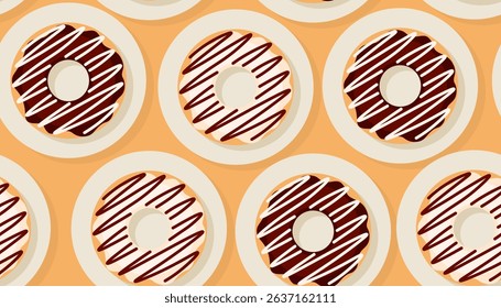 Seamless donut pattern for fabric, wrapping paper, wallpaper, website background. Pattern of chocolate and vanilla colorful donuts in glaze on white background. Vector illustration of sweet food.