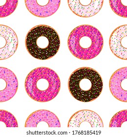 Seamless donut pattern on white background. Great for the design of bakeries and pastry shops. Also for wrapping paper or fabric.