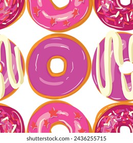 Seamless donut pattern on white background with various pink and chocolate toppings