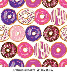 Seamless donut pattern on white background with various pink and chocolate toppings