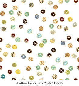 Seamless donut pattern on white background with various toppings