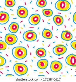 Seamless donut pattern. Stylized hand-drawn donuts isolated on white background. Colored confetti, circles, sweet food, sprinkles. Vector illustration for menu, holidays, birthday. Abstract wallpaper