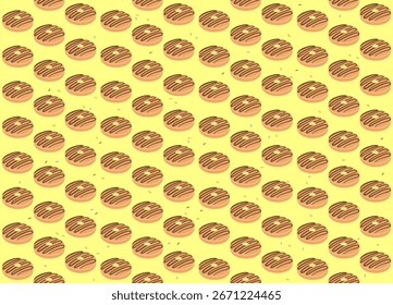 Seamless donut pattern with sweet pastry dessert. Cute food vector background with yellow backdrop and chocolate topping.