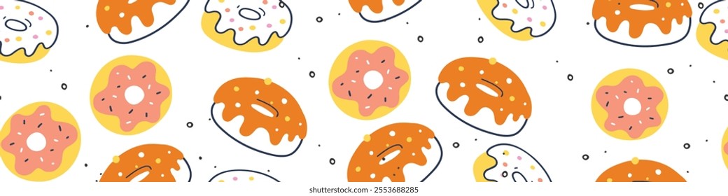 Seamless donut pattern with vibrant icing, sprinkles, and a playful hand-drawn doodle style. Perfect for dessert packaging, bakery branding, kids' designs, and creative food-related projects.