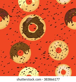 Seamless donuts pattern. Chocolate donuts with sprinkles pattern.