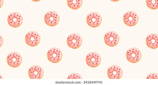 Seamless donuts pattern with pink glaze. Cartoon cute background. Vector illustration for packaging, banner, poster, menu in the bakery.	