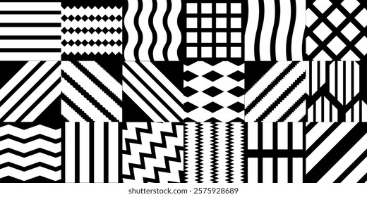Seamless doodle abstract horisontal pattern: stripes of squares in black and white colours. Hand drawn style colorful, not AI vector illustration for banners, wallpaper, textile, wrapping