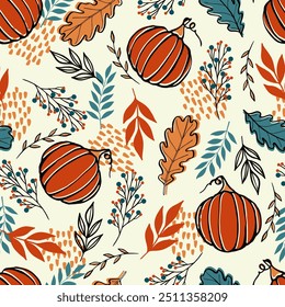 Seamless doodle abstract pattern of Halloween pumpkins with fall leaves and berries. Perfect for fall, Halloween, holidays, fabric, textile.
