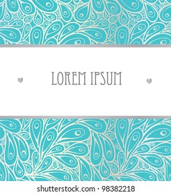 Seamless doodle abstract silver on light blue peacock feathers background.