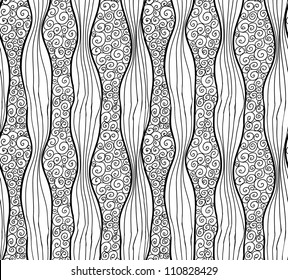 Seamless doodle abstract swirls and stripes pattern. Raster.