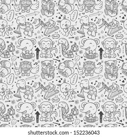 seamless doodle animal playing music pattern