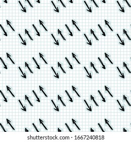 Seamless doodle arrow sketches vector pattern. Simple hand drawn narrow scribble pointers. Symbol sign backdrop for direction, option, path way turn concept. Business sketch note check paper texture.