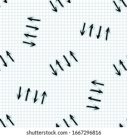 Seamless doodle arrow sketches vector pattern. Simple hand drawn narrow scribble pointers. Symbol sign backdrop for direction, option, path way turn concept. Business sketch note check paper texture.