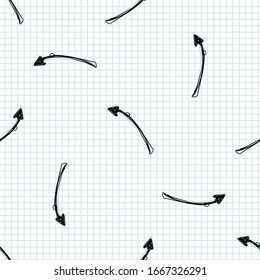 Seamless doodle arrow sketches vector pattern. Simple hand drawn narrow scribble pointers. Symbol sign backdrop for direction, option, path way turn concept. Business sketch note check paper texture.