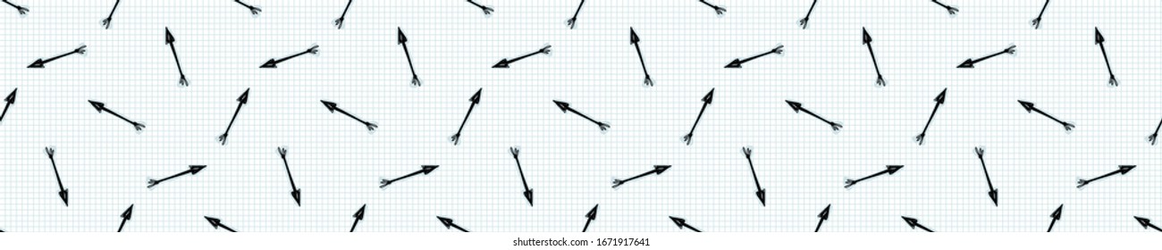 La flecha de doodle sin soldadura esboza un patrón de borde vectorial. Pintores simples dibujantes a mano. Banner de signo de símbolo para la dirección, opción, ruta de giro concepto. Cinta de papel de comprobación de nota de esbozo comercial.