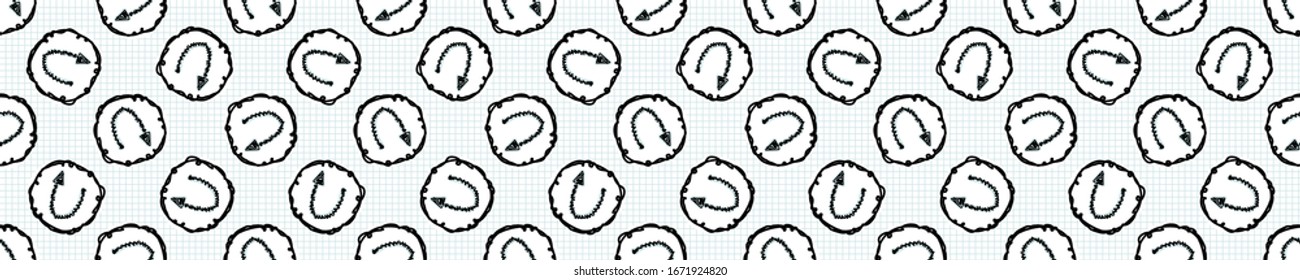 La flecha de doodle sin soldadura esboza un patrón de borde vectorial. Pintores simples dibujantes a mano. Banner de signo de símbolo para la dirección, opción, ruta de giro concepto. Cinta de papel de comprobación de nota de esbozo comercial.
