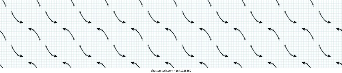 Seamless doodle arrow sketches vector border pattern. Simple hand drawn scribble pointers. Symbol sign banner for direction, option, path way turn concept. Business sketch note check paper ribbon.
