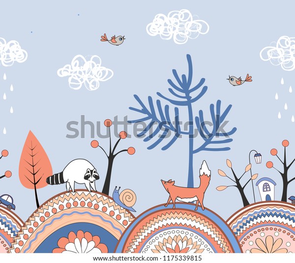 Seamless doodle autumn border. Vector hand\
drawn background