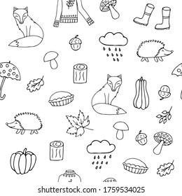 Seamless doodle autumn pattern design in vector on white background. Hand drawn seamless autumn pattern design