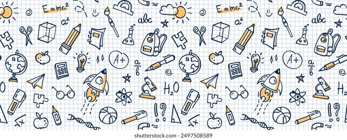 Seamless doodle back to school pattern, vector background. Hand drawn school supplies and creative elements on checkered background, school notebook. Texture for wallpaper, background, fabric.