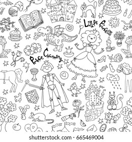 Seamless doodle background with black and white prince and princess concept. Graphic vector illustration, sketch with vintage design elements. Suitable for invitation, greeting cards