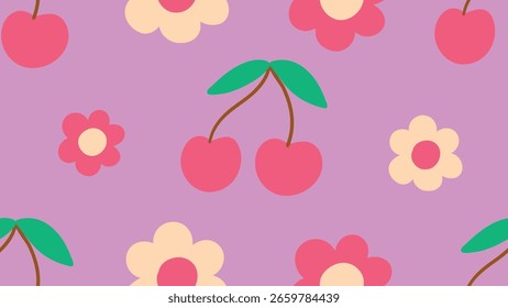 Fondo de garabato sin fisuras. garabato sin fisuras de cereza.  Fondo minimalista con cereza y flores para niños