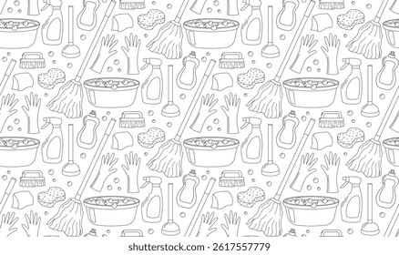Seamless doodle background with cleaning products and tools. Cute pattern with hand drawn house work elements