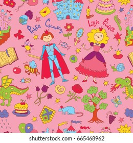 Seamless doodle background with colorful prince and princess concept on pink. Graphic vector illustration. Suitable for invitation, greeting cards design