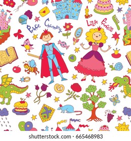 Seamless doodle background with colorful prince and princess concept. Graphic vector illustration. Suitable for invitation, greeting cards design