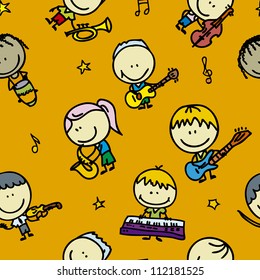 Fondo de doodle impecable con niños felices banda con instrumentos musicales