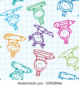 Seamless doodle background of happy drawing kids with pen, pencil and paint on school paper