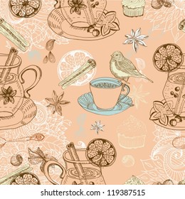 Seamless doodle background with mulled warm wine, tea cup, bird, vector