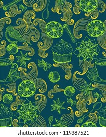 Seamless doodle background with mulled warm wine, tea cup, bird, illustration for Christmas design, vector