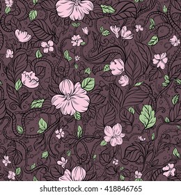 Seamless doodle background with  pink flowers, hearts and leaves.
 Black lines on the purple background, with pink flower and green leaves.