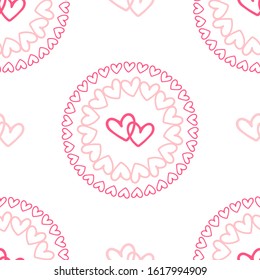 Seamless doodle background with pink hearts for valentines day greeting cards. Hand-drawn hearts in vector
