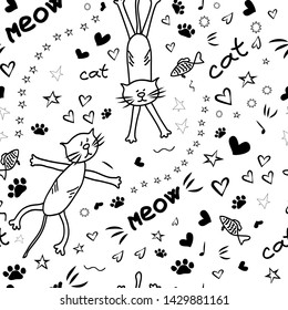 Seamless doodle background, print design with hand drawn cats, hearts, stars, meow, fish, and other elements, pattern for design