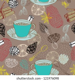 Seamless doodle background with tea and decorative elements for design, vector