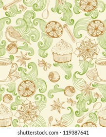 Seamless doodle background for tea time, illustration for design, vector