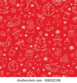 Seamless doodle backgrounds, Christmas, New Year, winter holidays pattern. Decorative elements in vintage style.