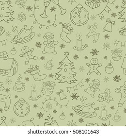 Seamless doodle backgrounds, Christmas, New Year, winter holidays pattern. Decorative elements in vintage style.