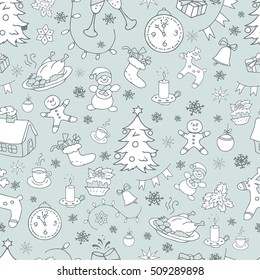 Seamless doodle backgrounds, Christmas, New Year, winter holidays pattern. Decorative elements in vintage style.
