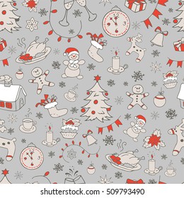 Seamless doodle backgrounds, Christmas, New Year, winter holidays pattern. Decorative elements in vintage style.