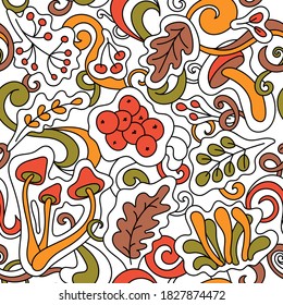 Seamless Doodle with berries, mushrooms and leaves. Autumn pattern for fabric, background and other things . Hand drawn vector pattern