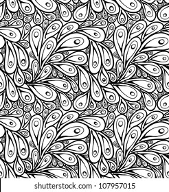 Seamless doodle  black peacock feathers pattern.